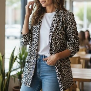 Women's FOIL Leopard Print Striped Blazer  Brown Black, Size 10